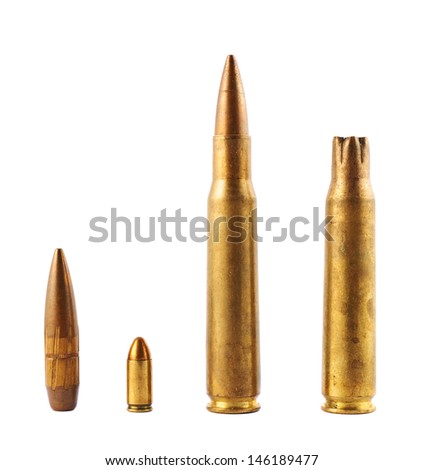 Metal bullet isolated over white background, set of four