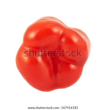 Sweet red bell pepper lying on its side, back view, isolated over white background