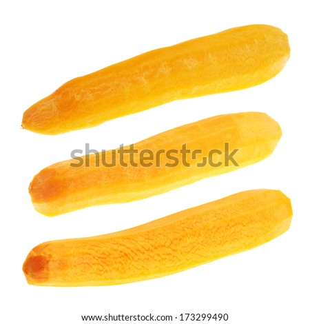 Peeled carrot isolated over white background, set of three foreshortenings