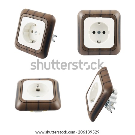 Electrical plastic socket with the wood-like coating isolated over white background, set of four foreshortenings