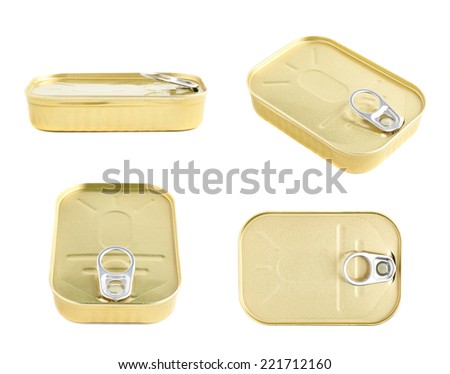 Closed easy open sardine can with the pull tab isolated over the white background, set of four foreshortenings