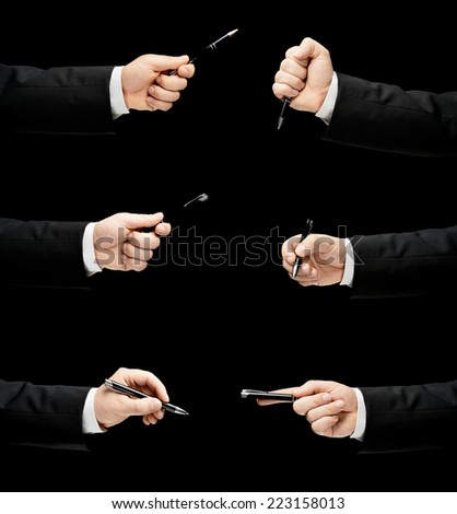 Caucasian male hand in a business suit, holding the pen, low-key lighting composition, isolated over the black background, set of six images