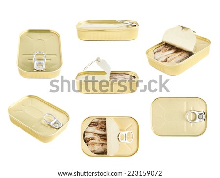 Easy open sardine can with the pull tab isolated over the white background, set of multiple foreshortenings, closed and opened