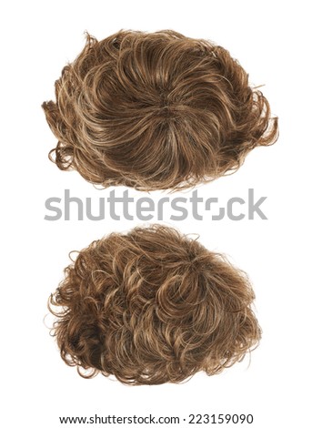 Curly hair wig isolated over the white background, set of two foreshortenings