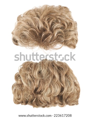 Curly hair wig isolated over the white background, set of two foreshortenings