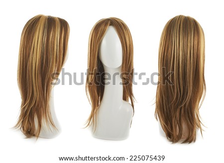 Open wave hair wig over the white plastic mannequin head isolated over the white background, set of three foreshortenings