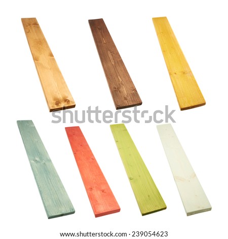 Paint coated pine wood board plank isolated over the white background, set of seven different colors