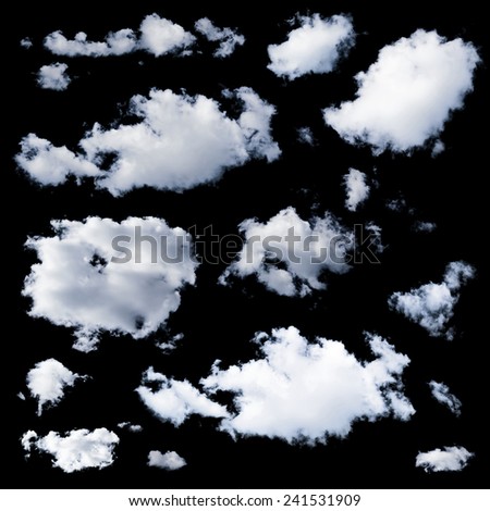 Set of multiple clouds and cloud formations isolated against the black background