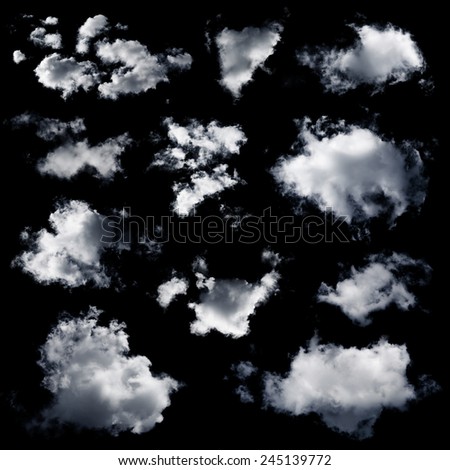 Set of multiple clouds and cloud formations isolated against the black background