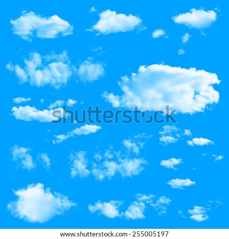 Set of multiple clouds and cloud formations isolated against the blue solid color background