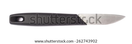 Steel kitchen knife with the black plastic handle isolated over the white background