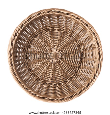 Empty fruit wicker brown basket bowl isolated over the white background, top view above foreshortening