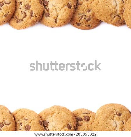 Copyspace your text background composition with the borders made of round cookies with the pieces of chocolate, isolated over the white background