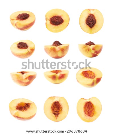 Cut open ripe nectarine half isolated over the white background, set of twelve different foreshortenings