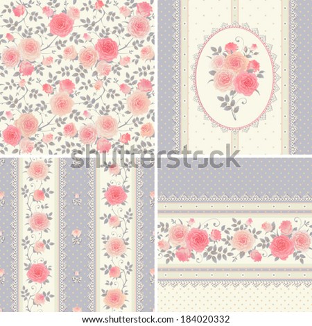 Seamless floral backgrounds and borders Set of vector polka dots patterns with climbing roses Seamless floral backgrounds and borders Set of vector polka dots patterns with climbing roses