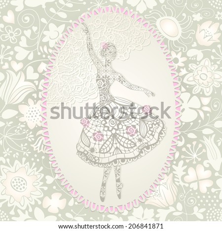Vintage label with lacy ballerina. Raster version of vector seamless design.