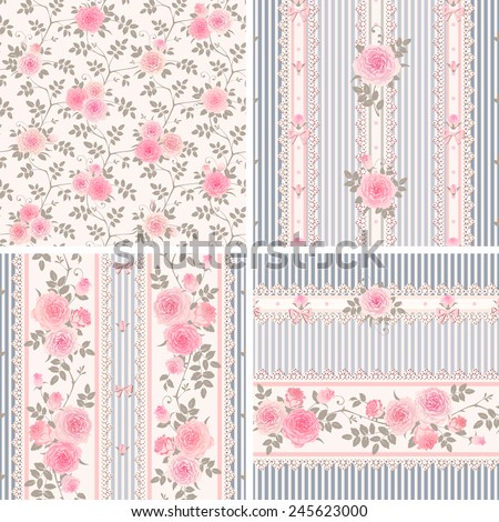 Seamless floral backgrounds and borders. Set of shabby chic style striped patterns with pink roses.