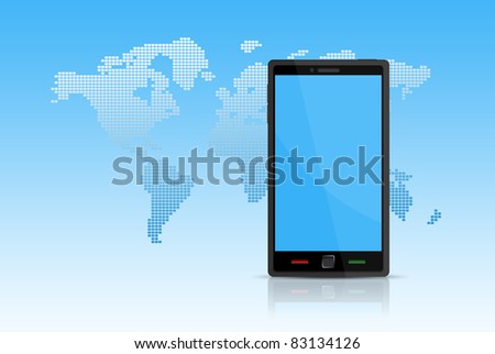 Modern smart phone on blue world background