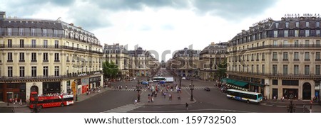 PARIS-AUG 8: Panoramic view of place de l\'opera on August 8, 2010 in Paris. Opera square is a square in the 9th arrondissement, just north of the 2nd arrondissement.