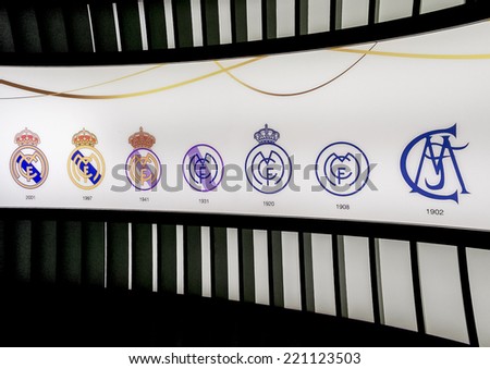 MADRID, SPAIN-AUGUST 18: All the logos of Real Madrid football club since 1902, on August 18, 2014 in Madrid, Spain. Real Madrid C.F. was established in 1902.