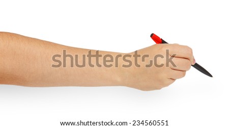 Black ball-point pen in female hand isolated on white background