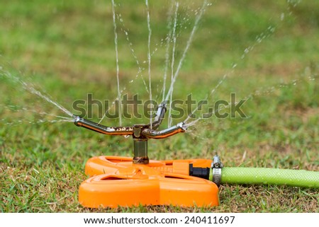 Watering backyard green grass lawn with sprinkler