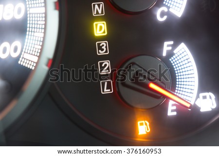 Set of car dash boards petrol meter, fuel gauge, on black background