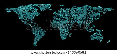 world map with pcb texture on pure black background