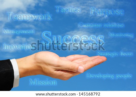 business man hand and  illustration of success factor with blue background