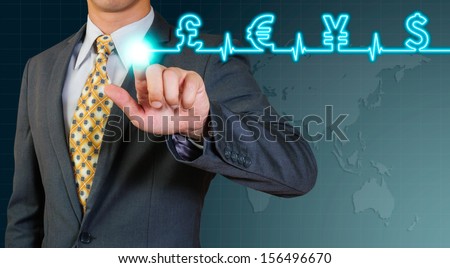 Business Man Pointing On Glow Wave Of World Currency Sign