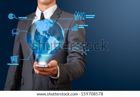 business man showing transparency globe with hexagonal dot texture