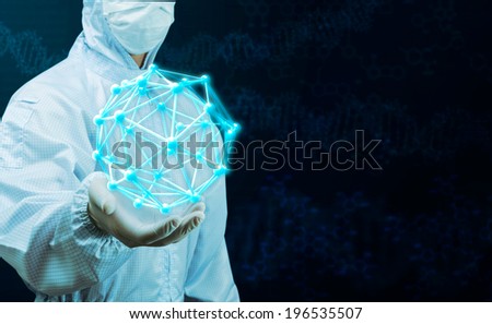 scientist holding glow lattice structure in blue tone concept of science