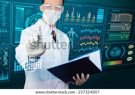 scientist pointing futuristic screen
