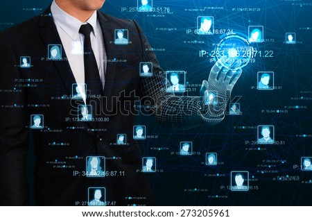 businessman touching glow virtual network
