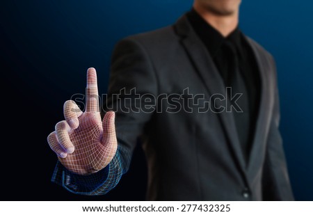 businessman with wireframe hand pointing on blank spack