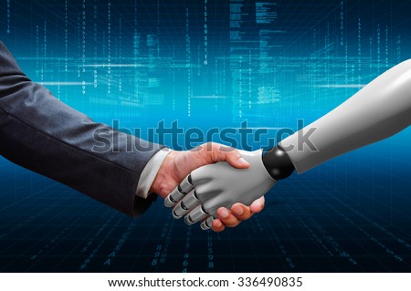 businessman shaking hand with 3d  robot hand