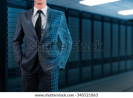 businessman in gray suit transforming to 3D wireframe with server room background