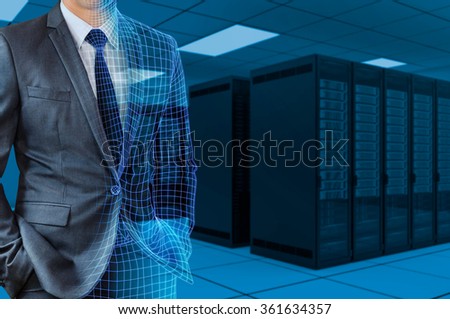 businessman transforming to 3d wire frame with server room background