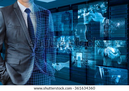 businessman transforming to 3d wire frame with server room background