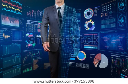 businessman with half wire frame body with  technology screen backgrouund