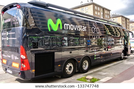 VITORIA-GASTEIZ, SPAIN - APRIL 2: The bus of the Movistar cycling team that it used in the Tour of the Basque Country. April 2, 2013 in Vitoria Gasteiz, Basque Country, Spain
