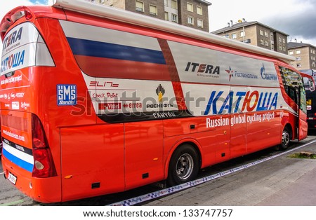 VITORIA-GASTEIZ, SPAIN - APRIL 2: The bus of the katusha cycling team that it used in the Tour of the Basque Country. April 2, 2013 in Vitoria Gasteiz, Basque Country, Spain