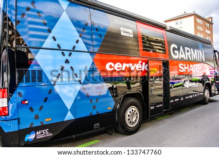 VITORIA-GASTEIZ, SPAIN - APRIL 2: The bus of the Garmin Cervelo cycling team that it used in the Tour of the Basque Country. April 2, 2013 in Vitoria Gasteiz, Basque Country, Spain