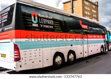 VITORIA-GASTEIZ, SPAIN - APRIL 2: The bus of the Radioshack cycling team that it used in the Tour of the Basque Country. April 2, 2013 in Vitoria Gasteiz, Basque Country, Spain