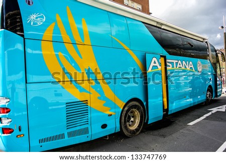VITORIA-GASTEIZ, SPAIN - APRIL 2: The bus of the Astana cycling team that it used in the Tour of the Basque Country. April 2, 2013 in Vitoria Gasteiz, Basque Country, Spain