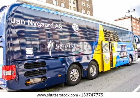 VITORIA-GASTEIZ, SPAIN - APRIL 2: The bus of the Saxo Bank cycling team that it used in the Tour of the Basque Country. April 2, 2013 in Vitoria Gasteiz, Basque Country, Spain