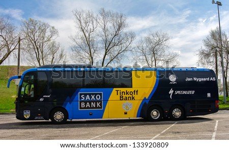 VITORIA-GASTEIZ, SPAIN - APRIL 3: The bus of the Saxo Bank cycling team that it used in the Tour of the Basque Country. April 3, 2013 in Vitoria Gasteiz, Basque Country, Spain