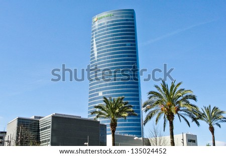 BILBAO, SPAIN - APRIL 13: The Iberdrola tower. It was designed by architect Cesar Pelli and it was built in 2011. It measures 165 meters in height. April 13, 2013 in Bilbao, Basque Country, Spain