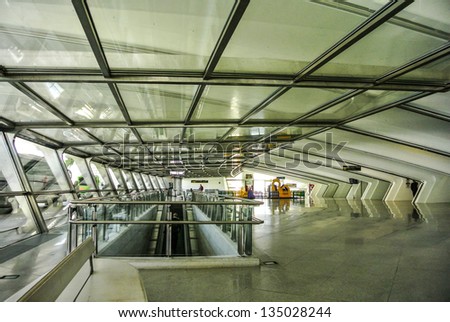 BILBAO, SPAIN - APRIL 13: The modern Loiu Bilbao airport. It was inaugurated in 2000 and this airport was designed by architect Santiago Calatrava,  April 13, 2013 in Bilbao, Basque Country, Spain