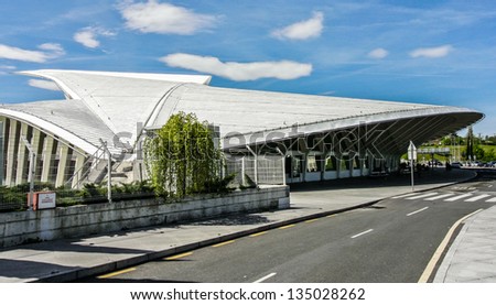 BILBAO, SPAIN - APRIL 13: The modern Loiu Bilbao airport. It was inaugurated in 2000 and this airport was designed by architect Santiago Calatrava,  April 13, 2013 in Bilbao, Basque Country, Spain